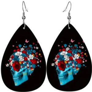 Black leather mind flower skull earrings